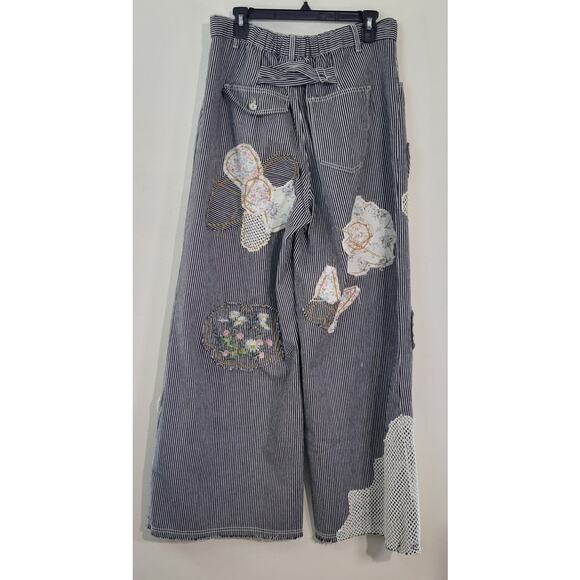POL Pants Womens Large Black & White Striped Jeans Flower Patchwork Boho NWOT - Picture 2 of 12